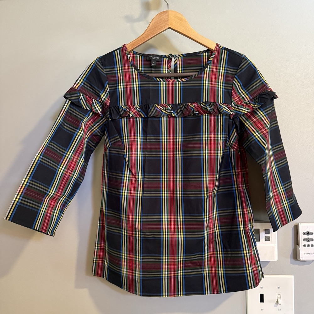 Talbots Top Multi Stewart Plaid Poplin Ruffle‎ Popover Top Sz Petite